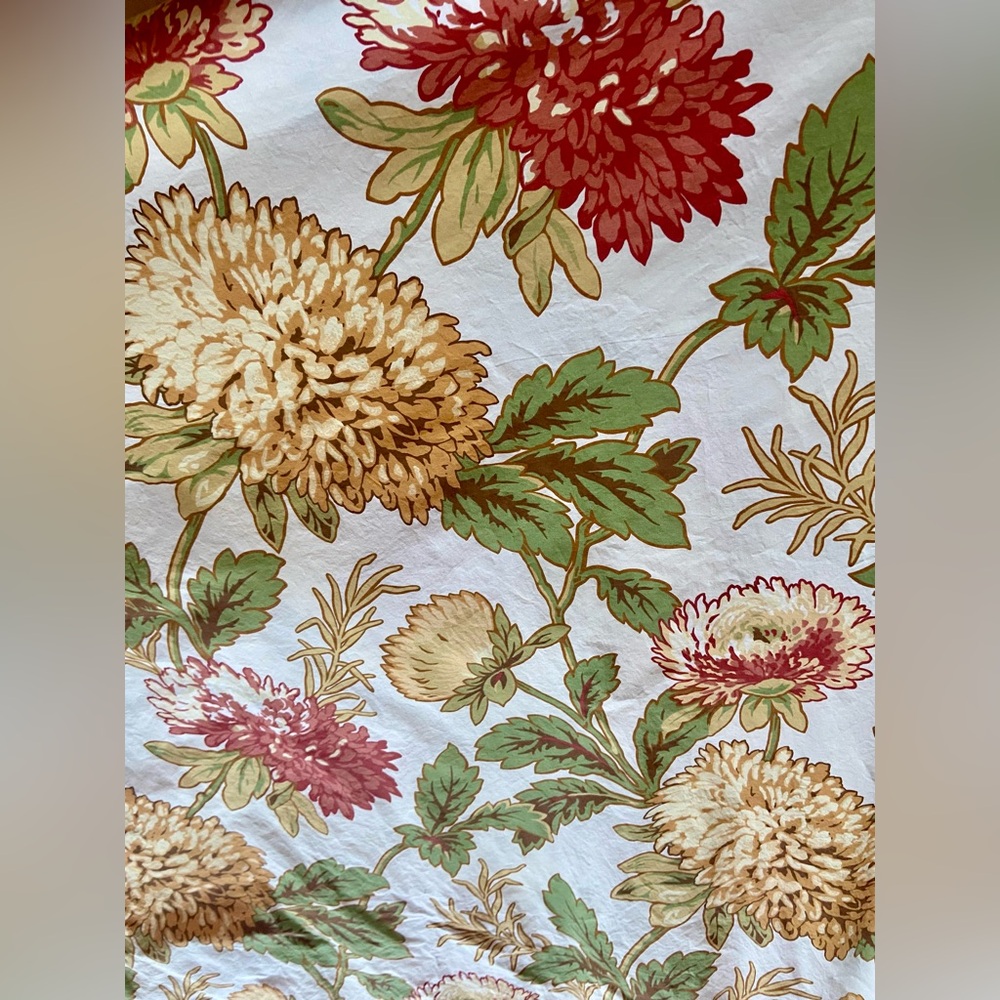 Pottery Barn Full/Queen Duvet Cover Floral Green Red Yellow Chrysanthemum Flower